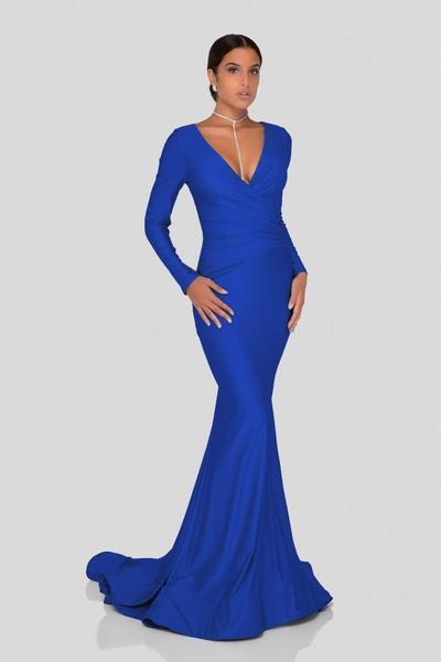 Terani Couture - Long Sleeve Open Back Satin Mermaid Gown 1912P8281 CCSALE 8 / Royal