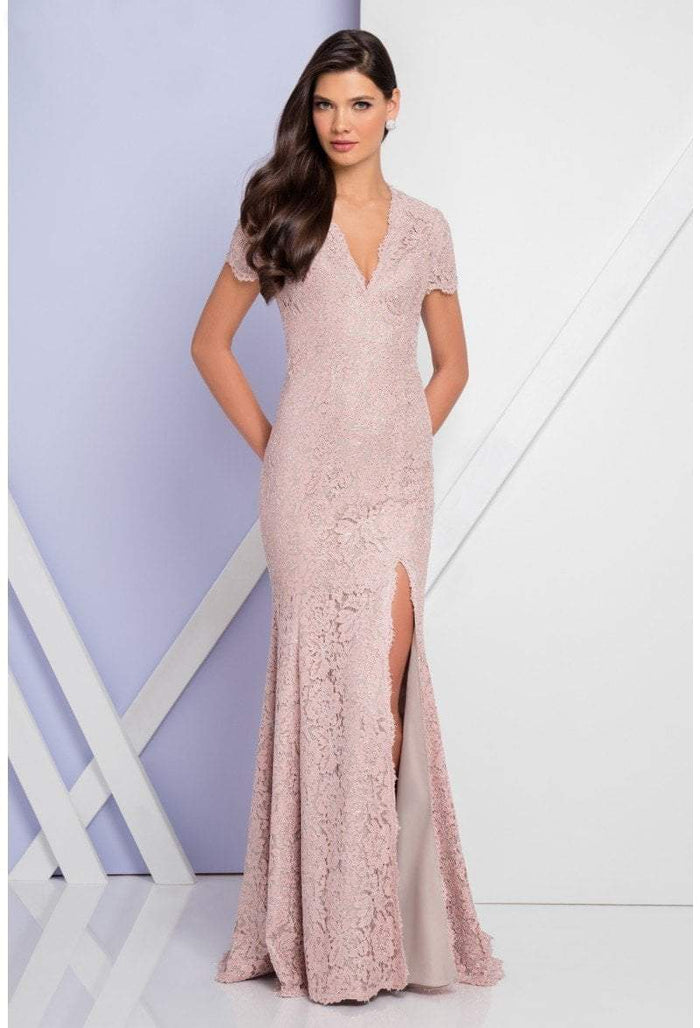 Terani Couture V Neck Long Sheath Lace Dress 1721M4317 - 1 pc Blush Silver In Size 12 Available CCSALE 12 / Blush Silver