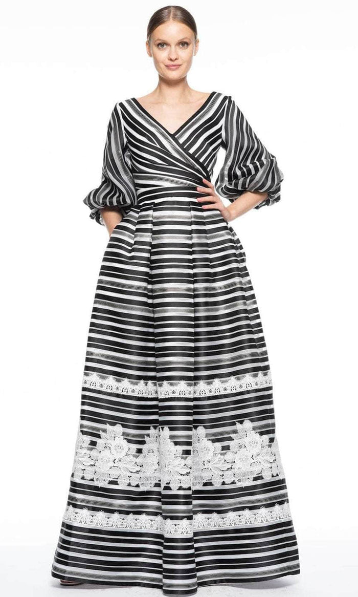 Theia 8812269 - Faux Wrap Stripe Evening Dress Special Occasion Dress 0 / Black White