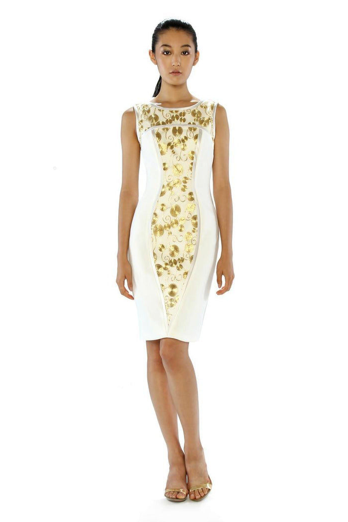 Theia - 882391 Gilded Embroidered Sheath Cocktail Dress Special Occasion Dress 2 / Ivory Gold