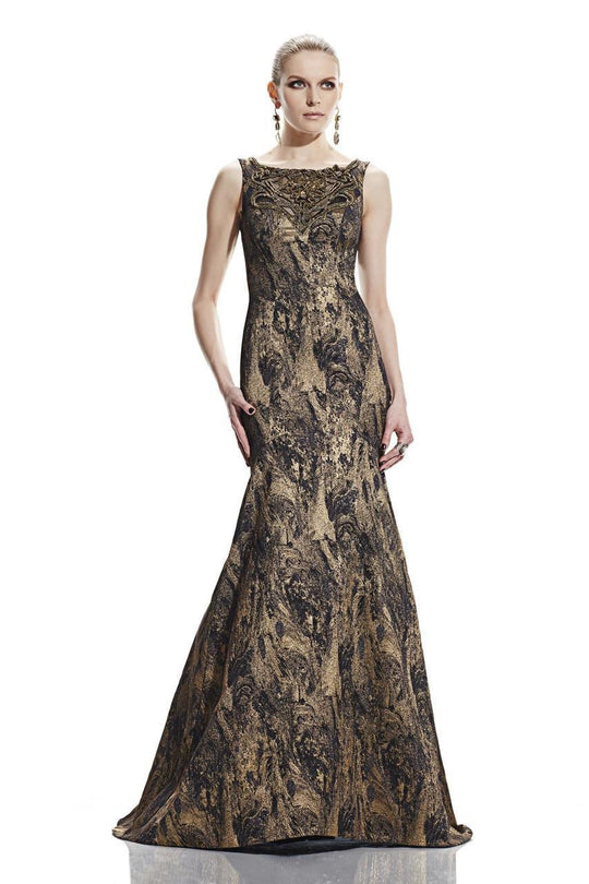 Theia 882562 Embellished Bateau Trumpet Gown CCSALE 14 / NAVY GOLD