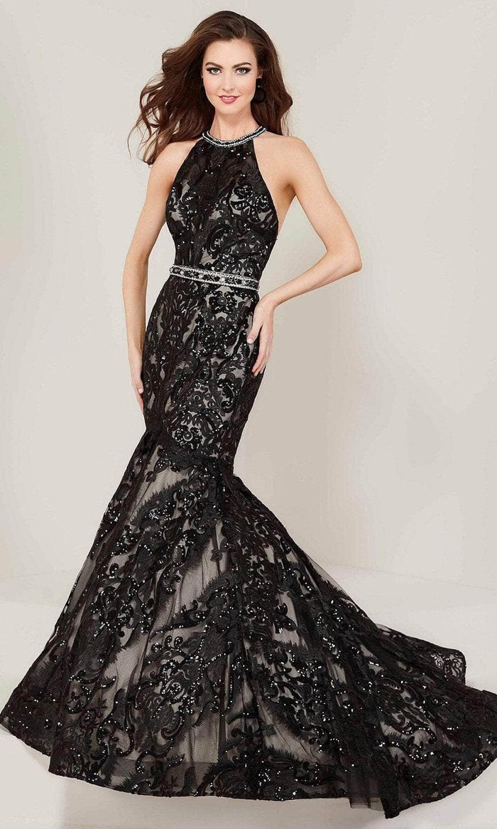 Tiffany Designs - 16336 Beaded Halter Mermaid Evening Gown Special Occasion Dress 0 / Black/Nude