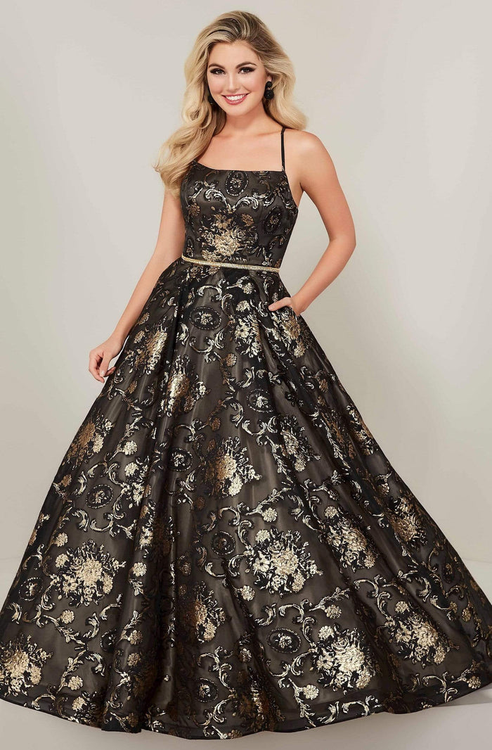 Tiffany Designs - 16340 Scoop Neck Brocade Organza A-line Dress Special Occasion Dress 0 / Black Gold