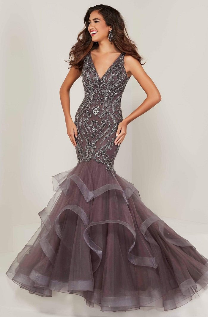 Tiffany Designs - 16351 Beaded V-Neck Layered Mermaid Dress Special Occasion Dress 0 / Slate/Gunmetal
