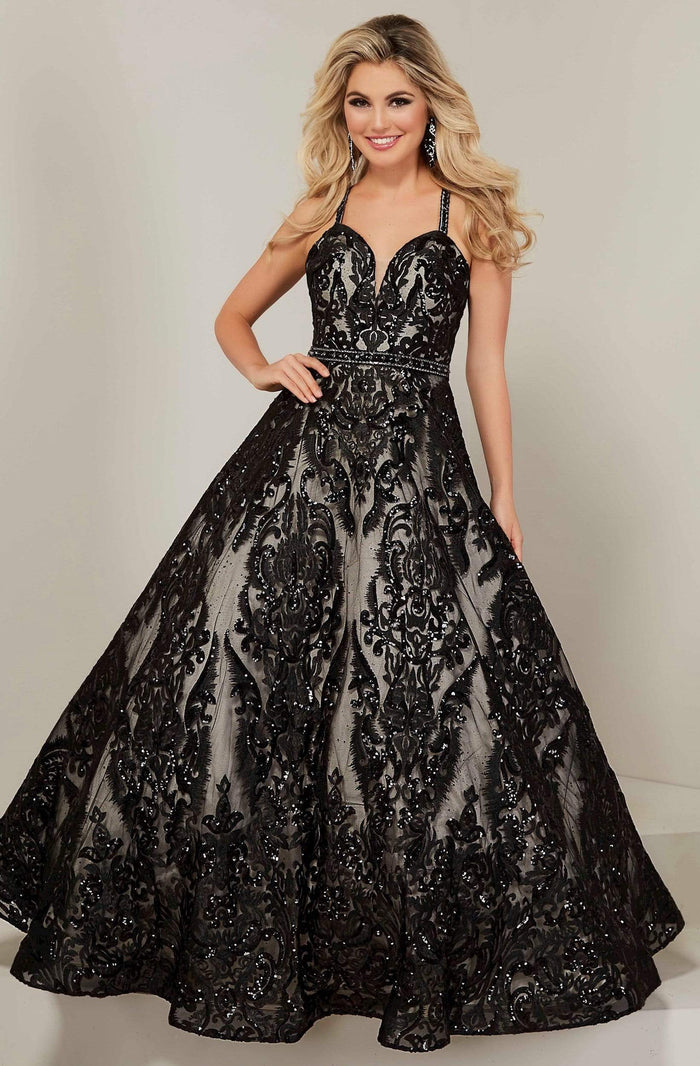 Tiffany Designs - 16369 Deep Sweetheart Bodice Sequined Gown Special Occasion Dress 0 / Black/Nude