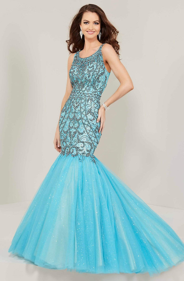 Tiffany Designs - 16370 Beaded Cutout Back Glitter Mermaid Gown Special Occasion Dress 0 / Sky/Nude