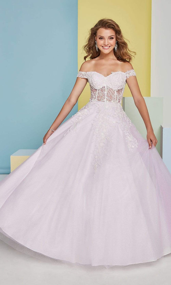 Tiffany Designs - 16464 Lace Off Shoulder Tulle A-Line Gown Prom Dresses 0 / Ivory/Lilac