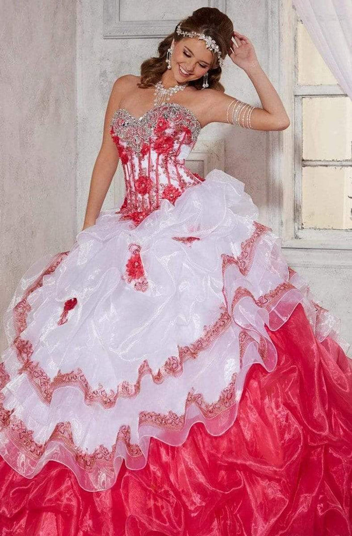 Tiffany Designs - 56255 Embellished Sweetheart Ruffled Ballgown Special Occasion Dress 0 / White/Fuchsia