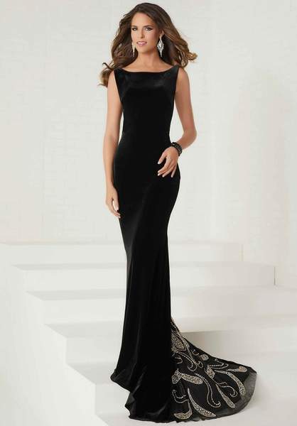 Tiffany Designs - Bateau Neck Paisley Ornate Velvet Gown 16278 - 1 pc Black In Size 8 Available CCSALE 8 / Black