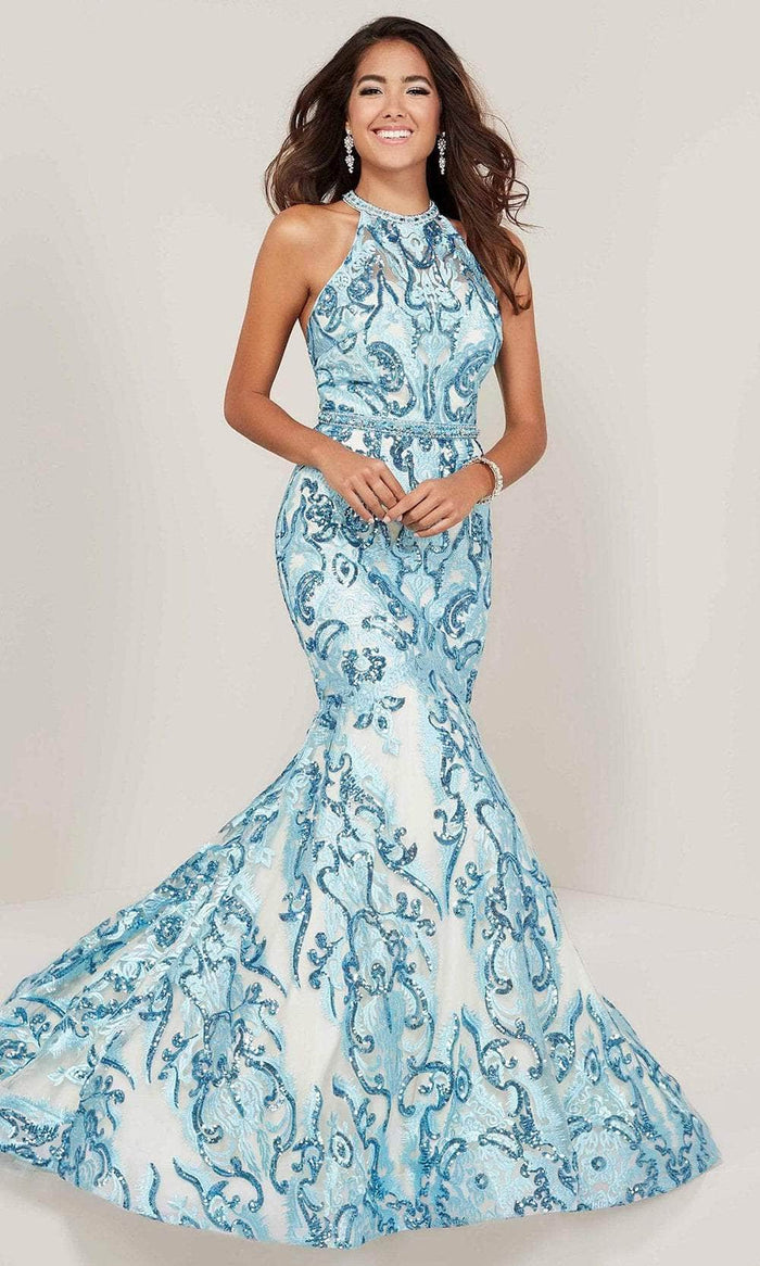Tiffany Designs - Beaded Lace Halter Mermaid Gown 16336 - 1 pc Sky Blue/Nude In Size 4 Available CCSALE 4 / Sky Blue/Nude