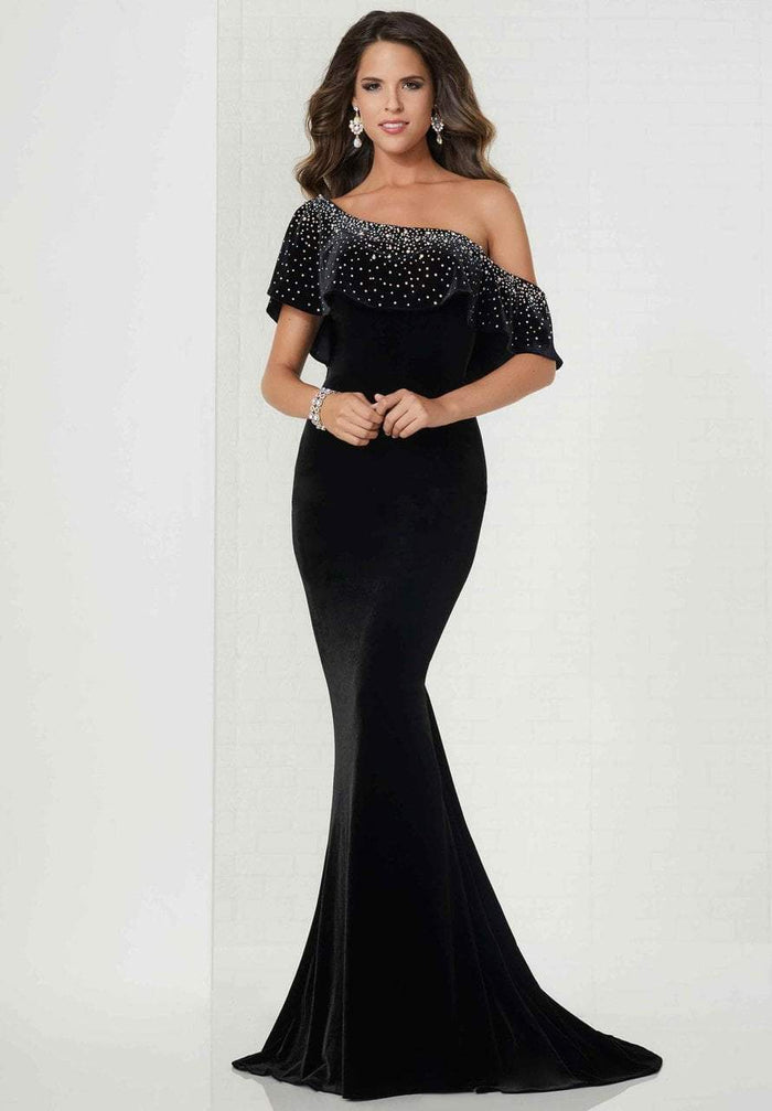 Tiffany Designs Fitted Embellished Asymmetric Trumpet Gown 46125 CCSALE 14 / Black