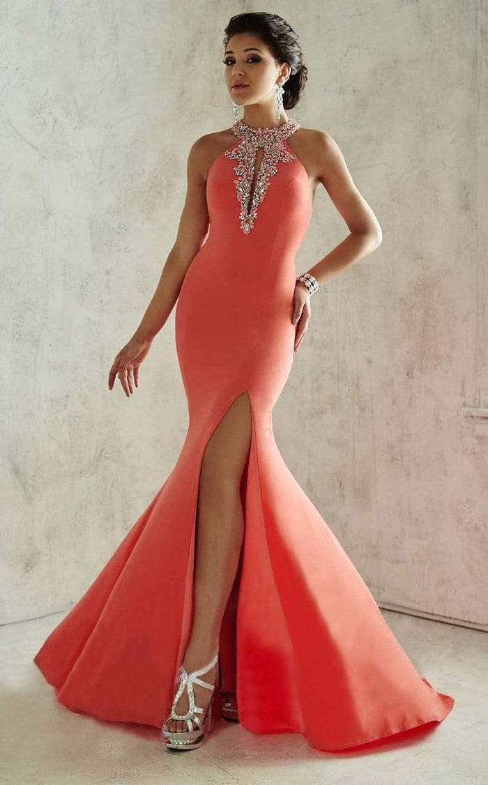 Tiffany Designs Impeccable Flourished Halter Long Evening Gown 46025 - 1 pc Watermelon In Size 6 Available CCSALE 6 / Watermelon