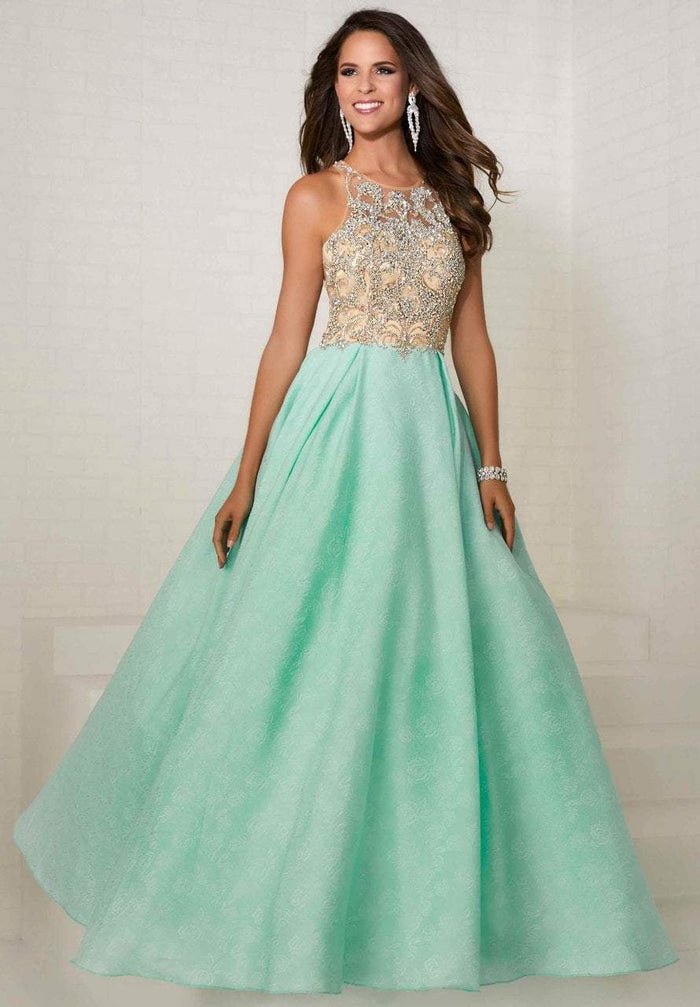 Tiffany Designs - Jeweled Illusion Halter Brocade Ballgown 16289 - 1 pc Nude/Aqua In Size 4 Available CCSALE 4 / Nude/Aqua