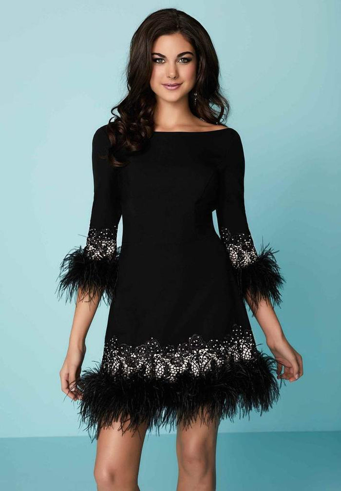 Tiffany Homecoming - Embellished Bateau Feathered Sheath Dress 27142 - 1 pc Black/Nude in Size 12 Available CCSALE 12 / Black/Nude