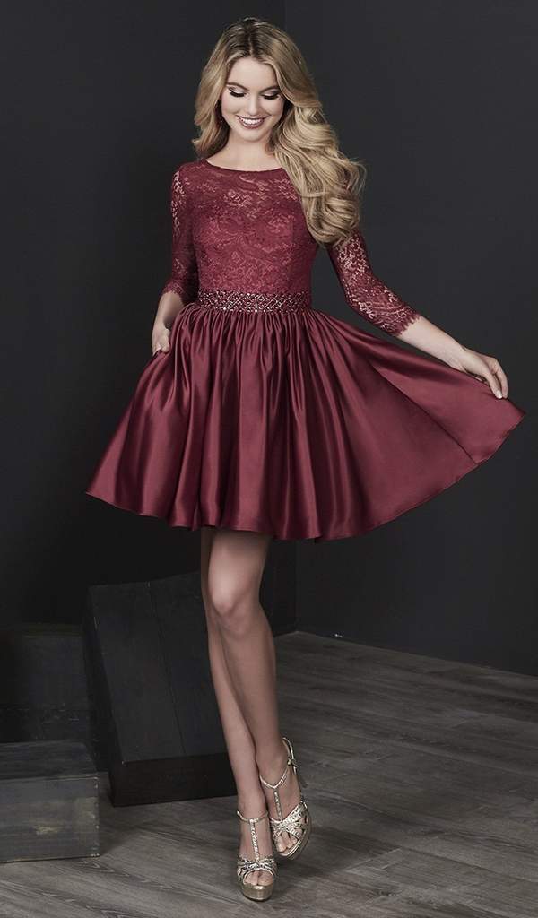 Tiffany Homecoming - Lace Quarter Length Sleeves A-Line Cocktail Dress 27202 - 1 pc Burgundy In Size 2 Available CCSALE 2 / Burgundy