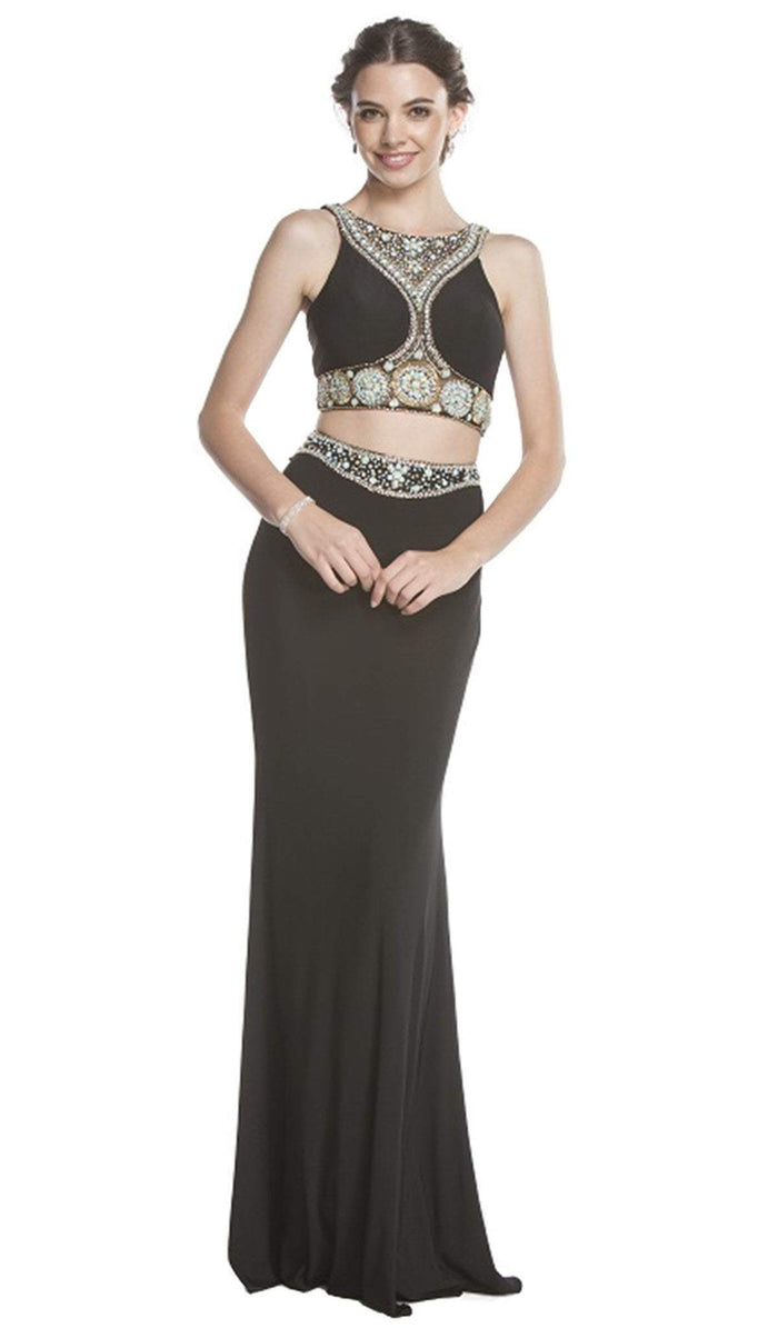Two Piece Bedazzled Halter Sheath Prom Dress Evening Dressses XXS / Black-Turquoise