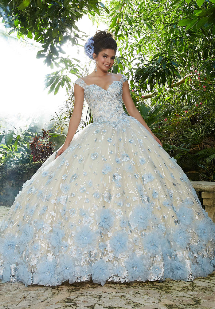 Vizcaya by Mori Lee - 34011 Strapless Ornate Floral Appliqued Ballgown Quinceanera Dresses 00 / Light Blue/Champagne