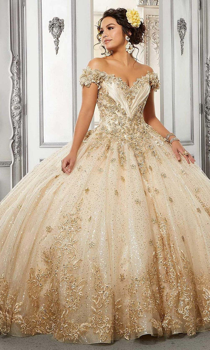 Vizcaya by Mori Lee - 34054 Off Shoulder Embroidered Ball Gown Quinceanera Dresses 00 / Champagne/Gold