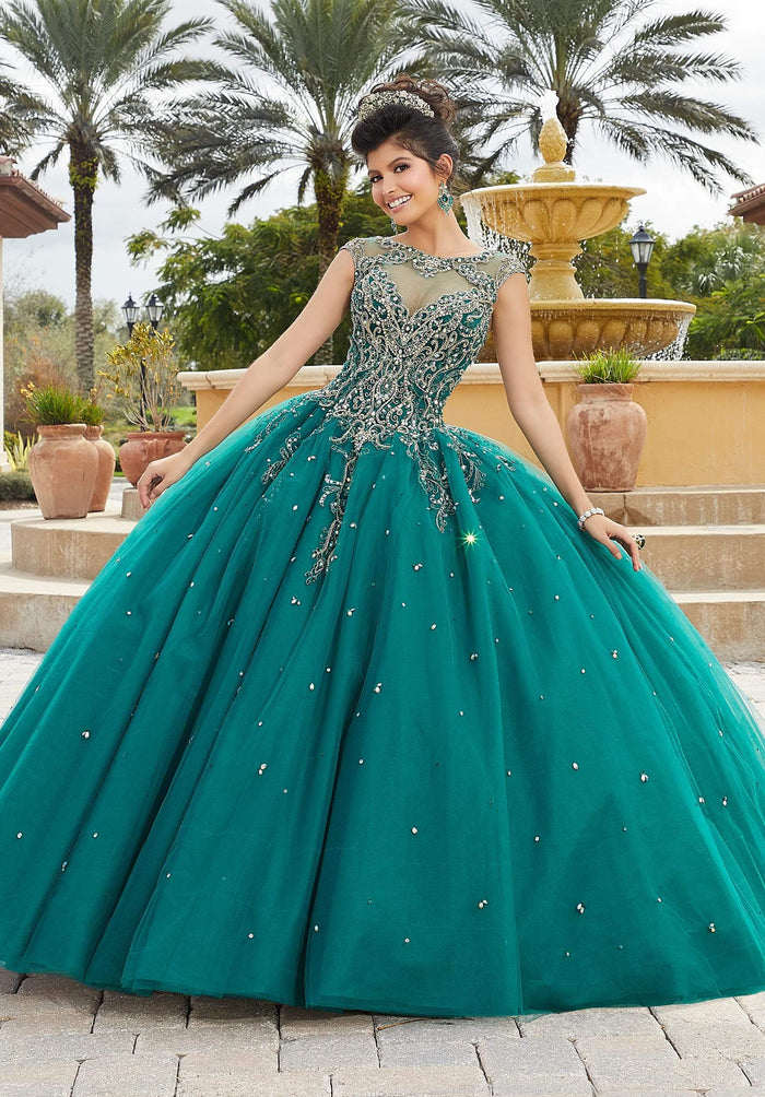 Vizcaya by Mori Lee - 60094 Bejeweled Illusion Bodice Tulle Ballgown Quinceanera Dresses 0 / Emerald