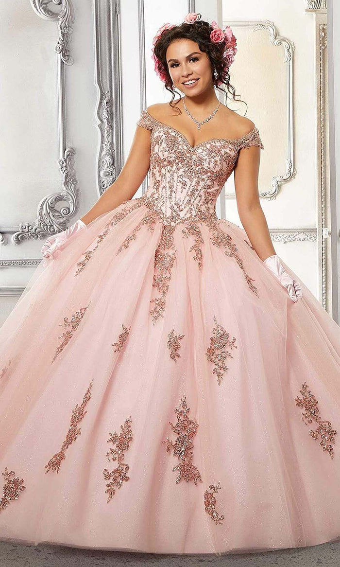 Vizcaya by Mori Lee - 60146 Appliqued Off Shoulder Ball Gown Quinceanera Dresses 00 / Pink