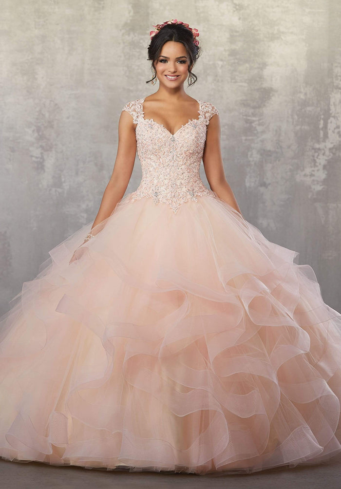Vizcaya by Mori Lee - 89177 Beaded Lace V-neck Tulle Ballgown Quinceanera Dresses 0 / Blush/Champagne