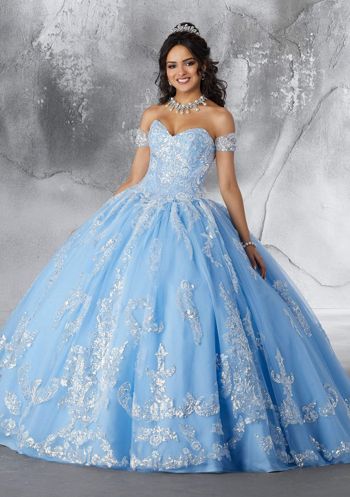 Vizcaya by Mori Lee - 89186 Sequined Motif Tulle Ballgown Quinceanera Dresses 0 / Ivory/Bahama Blue