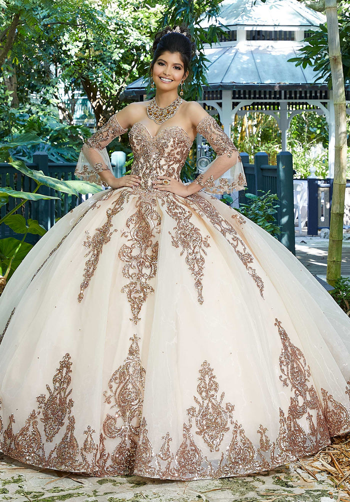 Vizcaya by Mori Lee - 89255 Bedazzled Sweetheart Tulle Ballgown Quinceanera Dresses 0 / Rose Gold
