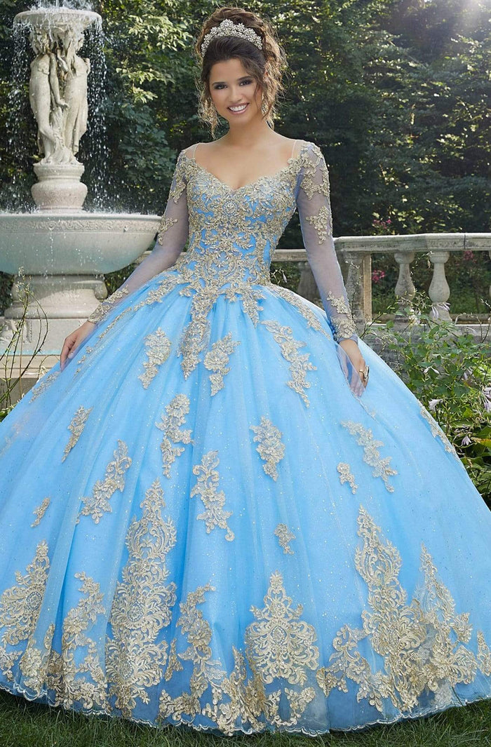 Vizcaya by Mori Lee - 89272 Metallic Lace Long Sleeves Ballgown Quinceanera Dresses 0 / French Blue/Gold