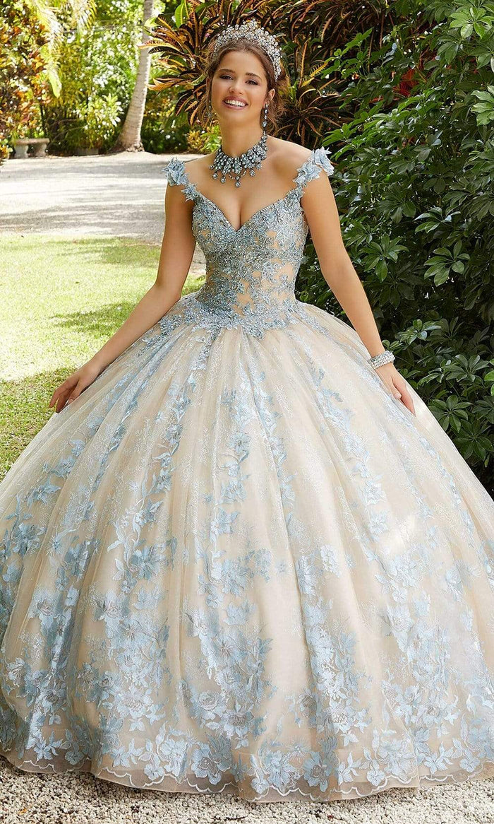 Vizcaya by Mori Lee - 89295 Embroidered V-neck Ballgown Quinceanera Dresses 0 / Champagne/Blue