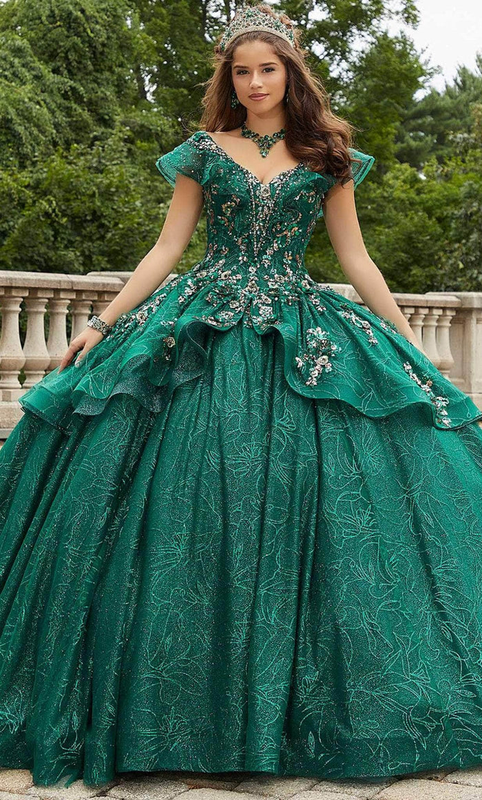 Vizcaya by Mori Lee 89412 - Fit and Voluminous Glittered Gown Evening Dresses 00 / Emerald/Gold
